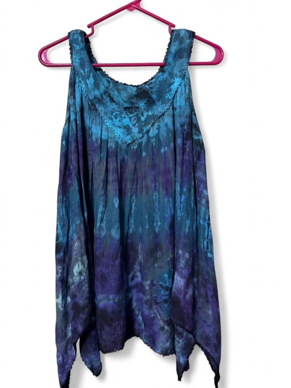 Boho Tie-Dye Sleeveless Handkerchief Hem Top - Teal & Purple